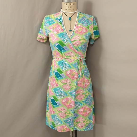 Lilly Pulitzer Cotton Wrap Midi Dress Bright Colorful Print Comfortable Stretch - Picture 1 of 12